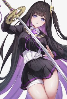 1girl ahoge bandage_on_leg bandage_on_thigh bandaged_leg bandages black_hair black_sailor_collar black_serafuku black_skirt chitose_(stella_sora) colored_inner_hair highres holding holding_sword holding_weapon layered_shirt long_hair looking_at_viewer miniskirt mole mole_under_eye multicolored_hair one_side_up parted_lips pleated_skirt purple_eyes purple_hair purple_ribbon ribbon sailor_collar school_uniform serafuku shirt shupita sidelocks skirt solo stella_sora sword very_long_hair weapon white_background white_shirt