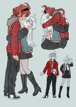 2girls absurdres black_boots black_hairband black_necktie black_pantyhose black_skirt blue_background blue_eyes boots collared_shirt green_vest grey_eyes grey_hoodie grey_pantyhose gundam gundam_suisei_no_majo hairband high_heel_boots high_heels highres hood hoodie hug jacket long_hair miorine_rembran multiple_girls necktie pantyhose parted_lips pleated_skirt ponytail red_hair red_jacket shirt simple_background skirt suletta_mercury supersonicsoda thick_eyebrows vest white_hair white_shirt yuri