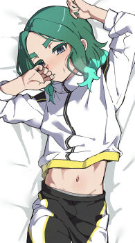 1boy aqua_hair black_pants blue_eyes blush commentary_request highres inazuma_eleven_(series) inazuma_eleven_victory_road jacket long_sleeves lying male_focus medium_hair midriff navel on_back pants sasanami_unmei solo white_jacket yoruhachi