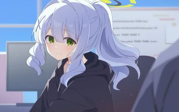 1girl 1other black_halo black_hoodie blue_archive blush center-flap_bangs commentary_request drawstring from_side green_eyes green_halo hair_between_eyes hair_intakes halo hare_(blue_archive) highres hood hood_down hoodie indoors long_hair long_sleeves looking_at_viewer mochigome_(ununquadium) monitor ponytail sidelocks smile upper_body white_hair