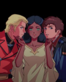 1girl 2boys amuro_ray bindi black_background blonde_hair blue_eyes brown_hair char_aznable dark-skinned_female dark_skin dress green_eyes gundam hand_on_another's_chin highres indian lalah_sune looking_at_viewer military_uniform mobile_suit_gundam multiple_boys retro_artstyle short_hair simple_background yellow_dress yy0880yy