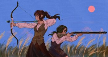 0109h 2girls aiming arrow_(projectile) black_dress black_eyes black_hair blue_sky bolt_action bow_(weapon) breasts brown_eyes brown_hair brown_skirt brown_vest character_request check_character clear_sky closed_mouth collared_shirt cowboy_shot day dress dress_shirt finger_on_trigger from_side gabi_braun gun highres holding holding_bow_(weapon) holding_gun holding_weapon long_sleeves looking_ahead low_ponytail medium_breasts multiple_girls outdoors ponytail profile rifle sasha_blouse shingeki_no_kyojin shirt skirt sky sleeveless sleeveless_dress smoke smoking_barrel standing sun vest weapon wheat_field white_shirt