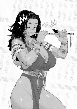 1girl absurdres breasts cleavage commentary cowboy_shot dark-skinned_female dark_skin dress english_commentary flute greyscale groin highres holding holding_flute holding_instrument instrument jewelry large_breasts long_hair looking_down miregeist monochrome music musical_note necklace no_panties original pelvic_curtain playing_flute playing_instrument sleeveless sleeveless_dress solo tribal white_background