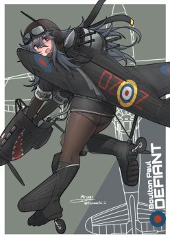 1girl aircraft aircraft_turret airplane black_boots black_skirt blueprint_background bolton-paul_defiant boots elbow_gloves english_text gloves goggles goggles_on_headwear grey_hair helmet highres long_hair mecha_musume military_vehicle nose_art open_mouth original pantyhose personification pilot_helmet propeller red_eyes roundel royal_air_force shark_nose_art short_sleeves signature skirt solo teisei_misagi vehicle_and_personification
