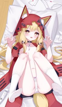 1girl absurdres animal_ear_fluff animal_ears ankle_socks arknights arknights:_endfield bed_sheet belt blonde_hair blush breasts cape cloak commentary controller ears_through_headwear ears_through_hood endfield_industries_logo envelope female_focus game_controller heart highres hitachi_magic_wand hood hood_up hooded_cape jewelry loli looking_at_viewer low-tied_sidelocks lying necklace nipples no_shoes nude on_back panties paw_pose pillow pixiv_id red_cape red_cloak red_hood ribbed_socks rossi_(arknights) sex_toy sidelocks small_breasts socks solo tail toes tooth_necklace underwear variant_set vibrator white_panties white_socks wolf_ears wolf_girl wolf_tail wooden_floor yellow_eyes yu_fu_miko