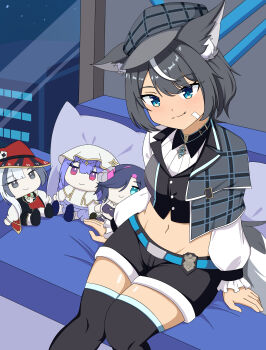 4girls animal_ear_fluff animal_ears avaritia_hawthorne badge belly black_hair blue_eyes building commission dog_ears dog_tail doll dress fangsie_fido hair_ornament hairclip highres indoors jewelry katya_sable knee_up knees_up leia_memoria looking_at_viewer multiple_girls navel necklace nexos night night_sky open_mouth pants shirt short_hair shorts sitting sky skyscraper standing stuffed_toy tail thighhighs thighs variance_project virtual_youtuber