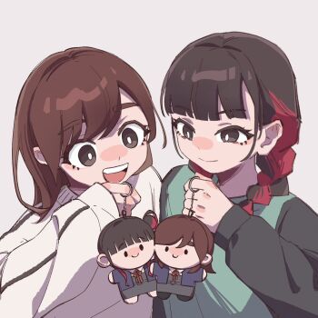 Rule 34 | 2girls, animification, black eyes, black hair, blunt bangs, braid, bright pupils, brown hair, character doll, closed mouth, date sayuri, doll, grey background, hair bun, hand up, holding, kawa (chuan kawa ), long hair, long sleeves, love live!, love live! superstar!!, multicolored hair, multiple girls, open mouth, real life, red hair, school uniform, simple background, single hair bun, smile, split mouth, teeth, twin braids, two-tone hair, upper body, upper teeth only, voice actor, white pupils, yabushima akane, yuigaoka school uniform