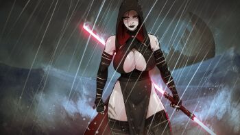 1girl arm_wrap black_dress breasts cleavage clenched_hand devilhs double_bladed_lightsaber dress energy_sword highres holding holding_sword holding_weapon hood hooded_dress large_breasts lightsaber looking_at_viewer outdoors pelvic_curtain rain red_lightsaber rey_(star_wars) side_slit sith solo star_wars storm sword weapon