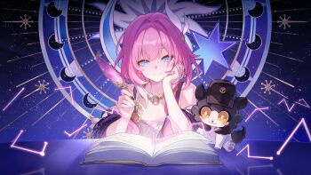 1girl bare_shoulders black_hat blue_eyes book breasts chimera_(honkai:_star_rail) chinese_commentary coat commentary_request crescent_moon cyrene_(aedes_elysiae)_(honkai:_star_rail) cyrene_(honkai:_star_rail) hair_ornament hat highres holding holding_quill honkai:_star_rail honkai_(series) jewelry jigboom moon multicolored_hair necklace official_art open_book pink_hair purple_coat quill revision short_hair sky small_breasts smile star_(sky) starry_sky translation_request two-tone_hair white_hair