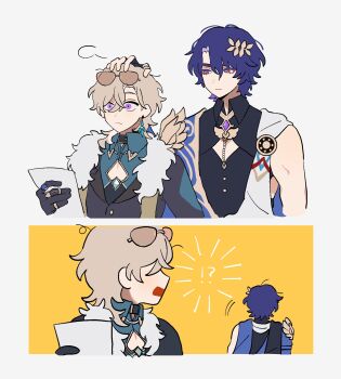 2boys aventurine_(honkai:_star_rail) confused dr._ratio_(honkai:_star_rail) headpat highres honkai:_star_rail honkai_(series) multiple_boys open_mouth purple_eyes red_eyes simple_background white_background yaoi yellow_background