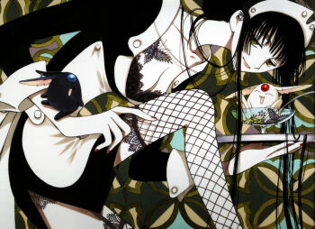 00s 1girl black_hair blunt_bangs breasts clamp cleavage female_focus fishnet_thighhighs fishnets hime_cut ichihara_yuuko long_hair maid mokona solo thighhighs xxxholic