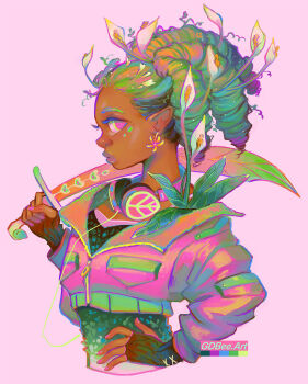 alt_text artist_name calla_lily commentary cropped_jacket dark_skin dreadlocks flower geneva_bowers headphones headphones_around_neck leaf_print leaf_sword nymph original plant_hair plant_theme scimitar sword upper_body watermark weapon