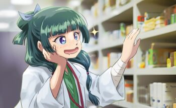 Rule 34 | 1girl, artist name, bandaged arm, bandages, blue eyes, blurry, blurry background, box, commentary request, contemporary, excited, freckles, green hair, indoors, kusuriya no hitorigoto, long hair, maomao (kusuriya no hitorigoto), medicine bottle, miz mus, open mouth, photo background, shelf, solo, twintails
