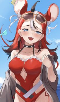 1girl ahoge animal_ear_fluff animal_ears bare_shoulders black_hair blue_eyes blue_sky blush bow breasts casual_one-piece_swimsuit choker cleavage collar collarbone day eyewear_on_head frills hair_between_eyes hakos_baelz hakos_baelz_(holonatsu_paradise) highres hololive hololive_english ilie_ilie long_hair looking_at_viewer medium_breasts mouse_ears mouse_girl mouse_tail multicolored_hair one-piece_swimsuit open_mouth outdoors red_hair red_one-piece_swimsuit sharp_teeth sky smile solo spiked_choker spiked_collar spikes streaked_hair sunglasses swimsuit tail tail_bow tail_ornament teeth virtual_youtuber white_hair