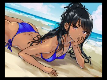 Rule 34 | 1girl, ass, beach, bikini, black border, black hair, blue bikini, border, dark-skinned female, dark skin, day, dokiyuri, earrings, elbow rest, hand on own cheek, hand on own face, head rest, high ponytail, idolmaster, idolmaster shiny colors, jewelry, kazano hiori, long hair, looking at viewer, lying, mole, mole under mouth, ocean, on stomach, outdoors, ponytail, purple eyes, side-tie bikini bottom, solo, string bikini, swept bangs, swimsuit, tan