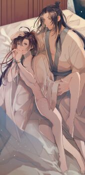 2boys ahoge amana_raika barefoot bathrobe bdsm bed bed_sheet bishounen bite_mark black_hair blue_sash bondage bottomless bound bound_wrists chinese_clothes closed_mouth collarbone convenient_censoring couple curtains hair_ribbon hand_on_another&#039;s_head hand_on_another&#039;s_thigh hand_under_clothes hanfu hickey highres indoors lan_wangji light_particles long_hair long_sleeves looking_at_another lying male_focus modao_zushi multiple_boys naked_robe navel nipples on_bed on_side open_clothes open_robe parted_lips partially_undressed pectorals ponytail purple_eyes red_ribbon ribbon ribbon_bondage robe sash sidelocks smile sweat thigh_grab topknot wei_wuxian white_hanfu white_ribbon white_robe wide_sleeves yaoi yellow_eyes