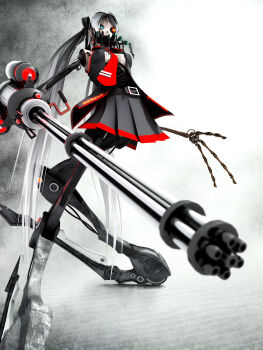 1girl 3d android aqua_eyes bone breasts ca_(deino) calne_ca_(deino) cleavage cosplay crustacean deino_(deino3330) female_focus foreshortening gatling_gun gun hair_ornament hair_ribbon hatsune_miku hatsune_miku_(cosplay) heterochromia highres isopod long_hair nato-kun necktie original red_eyes ribbon skirt solo twintails very_long_hair vocaloid weapon