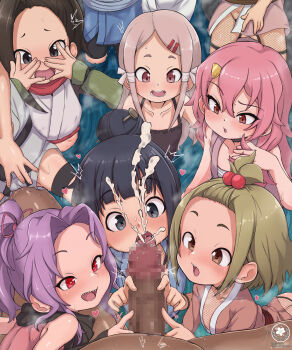 1boy 6+girls age_difference ajisai_(kunoichi_tsubaki_no_mune_no_uchi) ass bare_shoulders benisumomo black_eyes black_hair brown_hair censored clothed_female_nude_male collarbone cum dark-skinned_male dark_skin ejaculation embarrassed flat_chest handjob heart heart-shaped_pupils highres housenka_(kunoichi_tsubaki_no_mune_no_uchi) kunoichi_tsubaki_no_mune_no_uchi loli long_hair mokuren_(kunoichi_tsubaki_no_mune_no_uchi) mosaic_censoring multiple_girls ninja nude partially_submerged penis pink_hair ponytail pov purple_hair red_eyes sakuran_(ameto) sazanka_(kunoichi_tsubaki_no_mune_no_uchi) sharp_teeth short_hair size_difference steaming_body surprised symbol-shaped_pupils teeth tsubaki_(kunoichi_tsubaki_no_mune_no_uchi) water wrist_guards