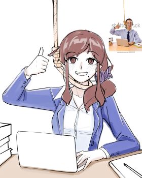 1girl absurdres blue_jacket blush brown_eyes brown_hair computer d0gduk facing_viewer hair_ornament hair_scrunchie highres jacket laptop looking_at_viewer meme mole mole_under_eye noel_(tsukihime) noose open_clothes open_jacket paper_stack pencil photo-referenced scrunchie shirt side_ponytail sidelocks sketch smile solo table thumbs_up tsukihime tsukihime_(remake) white_background white_shirt