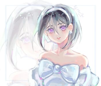 Rule 34 | 1girl, alien stage, bare shoulders, black hair, bow, chest bow, commentary request, dress, earrings, hair between eyes, hairband, highres, jewelry, off-shoulder dress, off shoulder, parted lips, pearl earrings, purple eyes, russian commentary, rymar art, short hair, signature, smile, sua (alien stage), white bow, white dress, white hairband, zoom layer