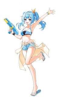 1girl arahashi_tabi arm_up armpits bikini bikini_top_only blue_bikini blue_eyes blue_hair blue_sandals blue_shorts bow breasts center-flap_bangs cleavage clothes_around_waist commentary_request double-parted_bangs full_body hair_bow hair_ornament hair_scrunchie highres holding holding_water_gun large_breasts leg_up long_hair looking_at_viewer nanna_(heyj2888) navel open_mouth sandals scrunchie see-through_clothes see-through_shirt shirt shirt_around_waist short_shorts shorts simple_background smile solo standing standing_on_one_leg stellive stomach super_soaker swimsuit twintails virtual_youtuber water_gun white_background white_hair wristband yellow_bow yellow_scrunchie
