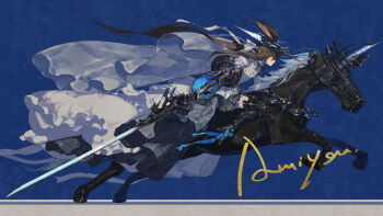 1girl absurdres amiya_(arknights) amiya_(guard)_(arknights) amiya_(guard)_(in_a_myriad_of_universes)_(arknights) animal_ears arknights armored_boots black_boots black_gloves black_hat black_horse blue_background blue_bow blue_eyes boots bow brown_hair character_name chinese_commentary commentary_request dress from_side gloves hat highres holding holding_sword holding_weapon horse horseback_riding long_hair looking_ahead ponytail profile rabbit_ears rabbit_girl riding robot_horse sitting solo sword veil weapon white_dress yolk_(user_sssk5878)