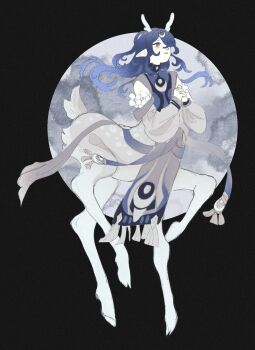 Rule 34 | 1girl, antlers, black background, blue eyes, blue hair, centauroid, deer girl, full body, genshin impact, hands up, hashtag-only commentary, highres, hooves, horns, lauma (genshin impact), long hair, long sleeves, monster girl, monsterification, own hands clasped, own hands together, pelvic curtain, pointy ears, puffy long sleeves, puffy sleeves, ramathornart, solo, taur