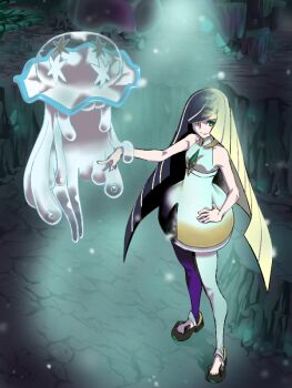 1girl asymmetrical_legwear black_hair black_shoes blonde_hair closed_mouth commentary_request dress floating full_body gen_7_pokemon green_eyes hand_on_own_hip heterochromia high_heels jellyfish long_hair lusamine_(pokemon) lusamine_fused_(pokemon) mismatched_legwear multicolored_hair nihilego nintendo pokemon pokemon_(creature) pokemon_sm shirotenba_books shoes sleeveless sleeveless_dress smile split-color_hair standing tentacles ultra_beast very_long_hair white_dress yellow_eyes