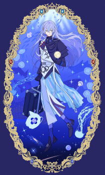 Rule 34 | 1boy, absurdres, black gloves, black shirt, black shoes, blue background, blue hair, blue socks, border, collared shirt, commentary, floating, full body, galaxy, ghost, gloves, gradient background, grey eyes, hand up, highres, holding, holding suitcase, hoshirube sho, hoshirube sho (1st costume), iridescent clothes, jacket, jellyfish, light smile, long hair, long sleeves, looking down, male focus, moku (kedr2558), moon, multicolored hair, nijisanji, ornate border, otomo (hoshirube sho), overskirt, pants, purple hair, shirt, shoes, shooting star, simple background, single off shoulder, socks, solo, sparkle, streaked hair, suitcase, virtual youtuber, white jacket, white pants