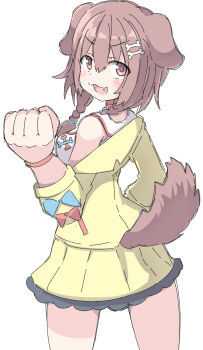 1girl animal_ears bone_hair_ornament braid breasts brown_eyes brown_hair cartoon_bone commentary_request dog_ears dog_girl dog_tail hair_ornament highres hololive inugami_korone inugami_korone_(1st_costume) looking_at_viewer medium_breasts simple_background solo tail twin_braids umberblack virtual_youtuber white_background