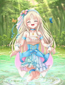 1girl :d ^_^ absurdres blonde_hair blue_choker blue_hairband blush bug butterfly chinese_commentary choker civia closed_eyes clothes_grab commentary_request denfunsan dress gloves hairband highres hololive hololive_china insect looking_at_viewer open_mouth partially_submerged smile solo star_(symbol) tattoo teeth tongue unicorn_horn upper_teeth_only virtual_youtuber water white_gloves
