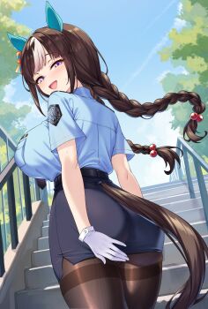 1girl alternate_costume animal_ears ass black_hair black_skirt blue_shirt braid breasts brown_hair brown_tail commentary_request ear_covers gloves hair_bobbles hair_ornament highres hokko_tarumae_(umamusume) horse_ears horse_girl horse_tail large_breasts long_hair looking_at_viewer looking_back low_twin_braids open_clothes pencil_skirt police police_uniform policewoman purple_eyes shirokuma_a shirt short_sleeves skirt smile solo stairs standing sweat tail twin_braids umamusume white_gloves white_hair white_streaks