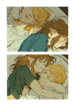 1boy 1girl blonde_hair blue_shirt border closed_eyes couple cuddling dress earrings green_shirt hashtag-only_commentary hetero hug jewelry link medium_hair nintendo on_bed parted_bangs parted_lips pillow princess_zelda shirt sidelocks sleeping the_legend_of_zelda the_legend_of_zelda:_breath_of_the_wild turippy white_border white_dress