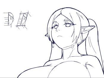 1girl alternate_breast_size_(larger) bare_shoulders breasts cleavage collarbone earrings elf eyelashes frieren from_below highres jewelry large_breasts lineart lips long_hair massgrave_art meme pointy_ears sidelocks sketch solo sousou_no_frieren twintails upper_body upward_angle_frieren_drawing_(meme) white_background white_hair