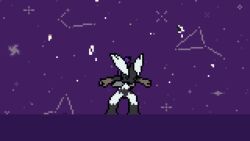 1other alternate_color alternate_shiny_pokemon animated aqua_eyes bandana black_fur blaziken blue_bandana blue_fire body_fur constellation fighting_stance fire furry gen_3_pokemon grey_background grey_fur hands_up highres leaning_forward leg_up long_hair mega_blaziken mega_evolution mega_pokemon nintendo on_one_knee open_mouth other_focus pixel_art pokemon pokemon_(creature) purple_background purple_fire solo sound standing standing_on_one_leg star_(sky) transformation two-tone_fur video white_hair wisgarus