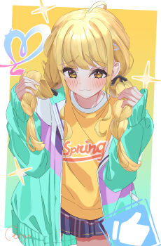 1girl :3 black_ribbon blonde_hair blush braid commentary_request fujita_kotone gakuen_idolmaster hair_ribbon heart highres idolmaster jacket long_hair long_sleeves looking_at_viewer multicolored_jacket open_clothes open_jacket partial_commentary plaid_clothes plaid_skirt reitou_mkn ribbon shirt signature skirt solo twin_braids yellow_eyes yellow_shirt