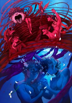 2girls 5boys absurdres air_bubble angel_devil_(chainsaw_man) apron beam_(chainsaw_man) black_choker black_hair breasts bubble chainsaw_man choker collared_shirt denji_(chainsaw_man) feathered_wings hayakawa_aki higashiyama_kobeni highres holding holding_breath holding_hands holding_sword holding_weapon hood hood_up medium_breasts multiple_boys multiple_girls necktie normov nude panties plague_doctor_mask reze_(chainsaw_man) shark_boy shirt short_hair submerged sword topknot typhoon_devil_(chainsaw_man) underwear violence_fiend_(chainsaw_man) weapon wings