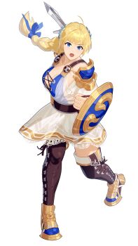 Rule 34 | 1girl, absurdres, blonde hair, blue eyes, braid, braided ponytail, breasts, commentary request, commission, full body, highres, holding, holding shield, holding sword, holding weapon, large breasts, long hair, pixiv commission, shield, sophitia alexandra, soul calibur, sword, transparent background, weapon, yagi2013