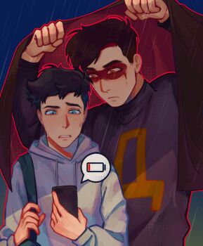 Rule 34 | 2boys, anthony stellar, arhivart228, bag, black hair, black shirt, blue eyes, brothers, cellphone, closed mouth, elijah douchnov, facepaint, grey hoodie, holding, holding phone, hood, hoodie, implied yaoi, long sleeves, looking at phone, male focus, multiple boys, my student spirit, phone, rain, recording, shirt, short hair, siblings, smartphone, speech bubble, upper body, white hoodie