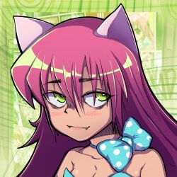 Rule 34 | 1girl, animal ears, bags under eyes, bare shoulders, blue bow, blue choker, blue leotard, blush, bow, bow choker, breasts, cat ears, choker, cleavage, collarbone, commentary, english commentary, fangs, green background, green eyes, highres, leotard, long hair, looking up, microsoft, pink hair, polka dot, polka dot bow, smile, solo, th3k1d, xbox 360 cat girl