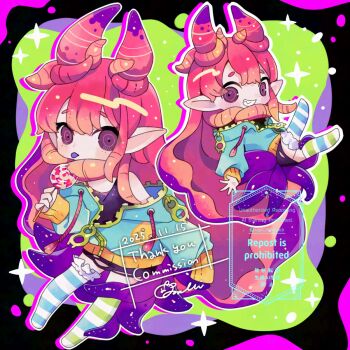 1girl :p asymmetrical_legwear black_border blue_jacket blue_thighhighs blush border candy closed_mouth colored_tongue commentary_request commission dated dorome_(vtuber) double-parted_bangs food frilled_thighhighs frills full_body grin holding holding_candy holding_food holding_lollipop horns indie_virtual_youtuber jacket lollipop long_hair long_sleeves looking_at_viewer mismatched_legwear mochimura_sorata multiple_views no_shoes outline outside_border pointy_ears purple_eyes purple_tongue red_hair red_horns signature skeb_commission sleeves_past_fingers sleeves_past_wrists smile sparkle striped_clothes striped_thighhighs swirl_lollipop tentacles thank_you thighhighs tongue tongue_out very_long_hair virtual_youtuber watermark white_outline zipper