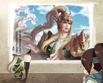 2boys blonde_hair calligraphy_brush character_request cherry_blossoms chibi commentary_request headband helmet highres kdash long_hair ma_chao_(shin_sangoku_musou) ma_dai_(shin_sangoku_musou) male_focus multiple_boys paintbrush painting_(object) parted_lips ponytail sangoku_musou_1 shin_sangoku_musou sidelocks translation_request