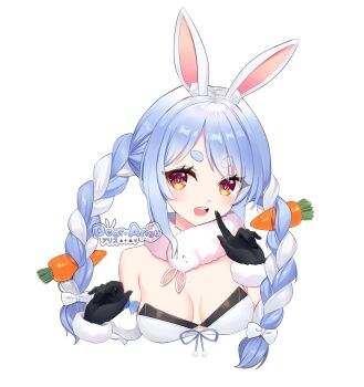 Rule 34 | 1girl, animal ear fluff, animal ears, bare shoulders, black gloves, blue hair, blush, braid, breasts, breasts apart, carrot hair ornament, cropped torso, dear arisu, don-chan (usada pekora), food-themed hair ornament, gloves, hair ornament, hands up, hashtag-only commentary, highres, hololive, index finger raised, long hair, looking at viewer, multicolored hair, open mouth, orange eyes, parted bangs, rabbit-shaped pupils, rabbit ears, rabbit girl, scarf, short eyebrows, simple background, small breasts, smile, solo, symbol-shaped pupils, thick eyebrows, twin braids, two-tone hair, usada pekora, usada pekora (1st costume), virtual youtuber, white background, white hair, white scarf