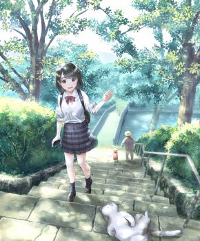 1boy 1girl 3others backpack bag black_hair black_shoes black_skirt black_socks bow bowtie bridge cat cellphone child clip_studio_paint_(medium) commentary_request green_eyes hat highres holding holding_phone loafers miniskirt multiple_others original phone plaid_clothes plaid_shirt pleated_skirt pokipoki red_bow red_bowtie river school_uniform shirt shoes skirt sleeves_rolled_up smartphone smile socks stairs sun_hat tree waving white_shirt