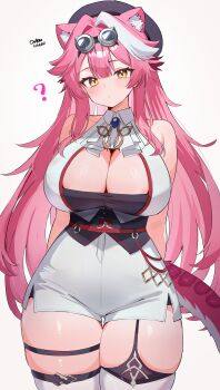 1girl ? absurdres animal_ears arms_behind_back artist_name ascot asymmetrical_legwear bare_shoulders beret black_garter_straps black_hat blue_gem blush breasts cleavage closed_mouth collarbone collared_shirt commentary curvy english_commentary garter_straps gem goggles goggles_on_head hair_intakes hat highres hololive hololive_english huge_breasts long_hair looking_at_viewer multicolored_hair o-rindou5100 panther_ears panther_girl panther_tail pink_hair pink_tail raora_panthera raora_panthera_(1st_costume) shirt shorts side_slit side_slit_shorts simple_background single_garter_strap solo streaked_hair tail thick_thighs thigh_strap thighhighs thighs two-tone_hair underbust very_long_hair virtual_youtuber white_ascot white_background white_hair white_shirt white_shorts white_thighhighs wide_hips yellow_eyes