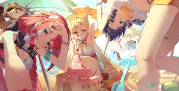 3girls absurdres alice_thymefield alice_thymefield_(sea_of_thyme) animal_ears armpits bandaid bandaid_on_leg bare_arms bare_shoulders beach belle_(summer_skies)_(zenless_zone_zero) belle_(zenless_zone_zero) bikini bikini_under_clothes blonde_hair blue_hair blush braid breasts cleavage closed_mouth dress eating food food_in_mouth from_behind from_below green_eyes hair_ornament heart heart-shaped_eyewear heterochromia highres holding holding_food holding_popsicle holding_removed_eyewear holding_swim_ring innertube kamanosuke_(zenless_zone_zero) long_hair looking_at_viewer maeru miss_esme_(zenless_zone_zero) multiple_girls ocean official_alternate_costume open_mouth orange_eyes outdoors parted_lips popsicle popsicle_in_mouth presenting_armpit purple_hair rabbit_ears rabbit_girl raccoon red_hair red_shirt sand_castle sand_sculpture shirt short_hair short_sleeves shorts sleeveless sleeveless_dress smile sphere_hair_ornament squatting strapless strapless_dress swim_ring swimsuit t-shirt tied_shirt tongue tongue_out twin_braids ukinami_yuzuha ukinami_yuzuha_(tanuki_in_broad_daylight) unworn_eyewear wet wet_clothes wet_shirt white_dress white_shirt yellow_bikini yellow_eyes yellow_shorts zenless_zone_zero