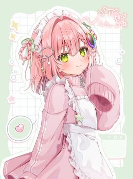 1girl apron artist_self-insert blush border bow braid braided_hair_rings color_picker color_wheel color_wheel_hair_ornament commentary_request cursor_hair_ornament frilled_apron frills green_border green_bow green_eyes green_outline grid_background hair_bow hair_intakes hair_rings hand_up heart highres jacket jersey_maid maid maid_apron maid_headdress medium_hair million_production multiple_hair_bows nijipuka_nuhu nijipuka_nuhu_(vtuber) outline pink_hair pink_jacket pink_skirt pleated_skirt sidelocks signature skirt sleeves_past_fingers sleeves_past_wrists smile solo spoken_heart star_ornament track_jacket unconventional_maid upper_body white_apron white_background white_outline window_(computing) zipper zipper_pull_tab