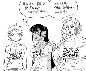 !? 3girls :d bad_id bb_(baalbuddy) body_freckles booba_(meme) braid breasts cleavage closed_mouth commentary dark-skinned_female dark_skin dwarf english_commentary english_text female_focus female_goblin freckles goblin greyscale hair_over_shoulder halfling hand_on_another&#039;s_shoulder highres huge_breasts inactive_account long_hair mega_milk meme monochrome multiple_girls open_mouth original short_hair short_sleeves shortstack simple_background single_braid smile sweat white_background wide-eyed