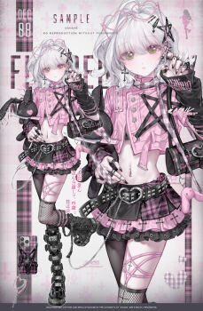 1girl asymmetrical_legwear bag bag_charm belt black_arm_warmers black_belt black_boots boots buttons cellphone charm_(object) claw_pose clothes_writing commission cropped_jacket cross cross_earrings cross_print ear_chain earrings eyewear_on_head fashion fishnet_pantyhose fishnet_socks fishnets glasses gothic_punk green_eyes handbag heart heart-shaped_eyewear highres holding holding_stuffed_toy jacket jewelry knife leg_warmers linked_piercing medium_hair mihuashi_commission mismatched_legwear multiple_rings nnk_(nongnong) original pantyhose pentagram phone piercing pink-framed_eyewear pink_jacket pink_scarf pink_skirt plaid_clothes plaid_scarf plaid_skirt print_bag ring rivets scarf skirt smartphone socks solo_focus striped_clothes striped_leg_warmers striped_socks studded_belt stuffed_animal stuffed_rabbit stuffed_toy white_hair y2k_fashion yabi_fashion zipper zoom_layer