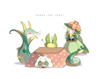 4others animal_focus antennae closed_eyes closed_mouth dark_skin eating emofuru_(vktd5442) flower food full_body gen_5_pokemon green_horns hair_flower hair_ornament happy_new_year highres holding horns kotatsu leaf leavanny lilligant mochi multiple_others new_year nintendo no_humans no_mouth orange_eyes pokemon pokemon_(creature) red_eyes serperior simple_background sitting standing table under_kotatsu under_table whimsicott white_background